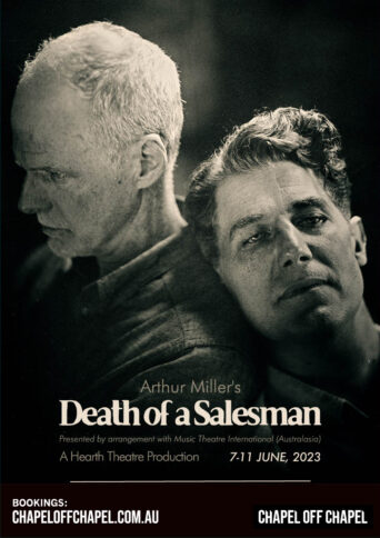 A black & white image of two characters from Death of a Salesman