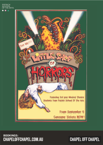 Poster advertising Little Shop of Horrors with an illustration of the monster plant and a person in white who has fainted