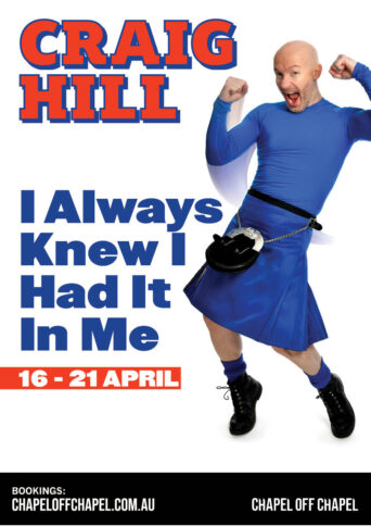 Comedian Craig Hill in a blue long sleeve t-shirt and kilt