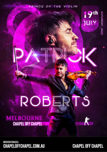 Violinist Patrick Roberts om stage with his violin and outstretched right arm