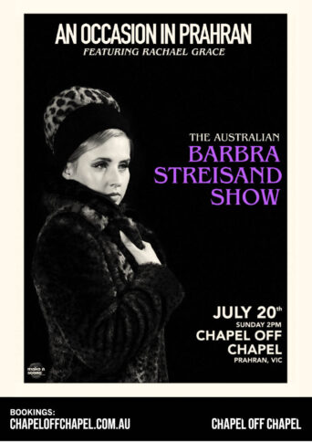 Black and white photo of Rachael Grace wearing a fur coat and hat styled like Barbra Streisand