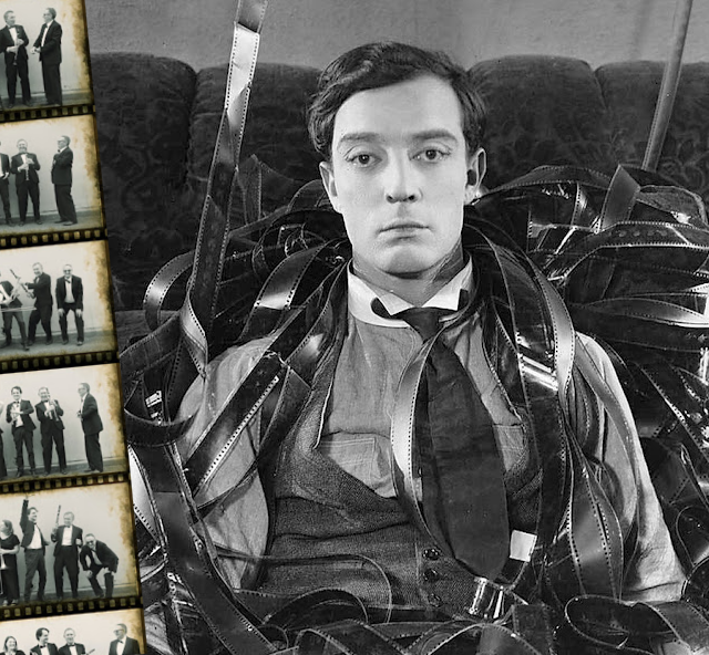 Black and white photo of Buster Keaton with movie film strewn around his head and shoulders