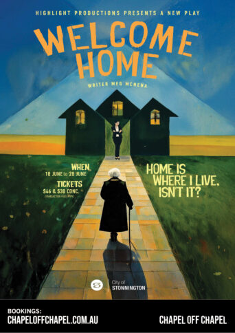 Illustration of an older person walking up a brick pathway to a house with a silhouette of a younger person in black standing in front of