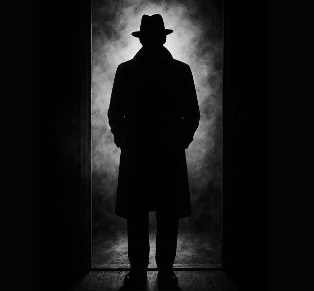 Black and white silhouette of a man wearing a large trench coat and hat
