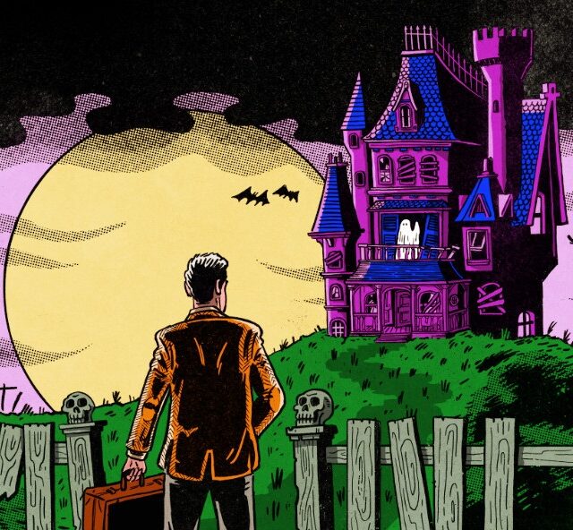 Cartoon illustration of a man in a suit standing in front of a large old mansion