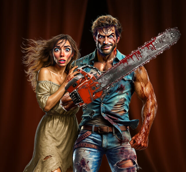 Man and a woman with bloodied and torn clothes holding a chainsaw