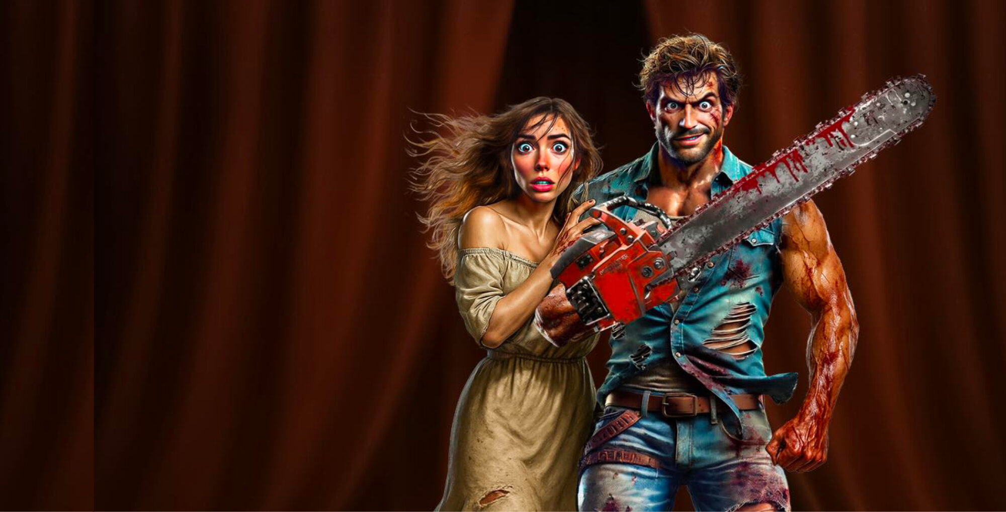 Man and a woman with bloodied and torn clothes holding a chainsaw