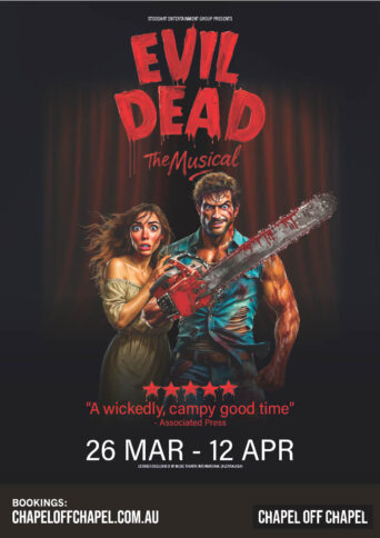 Man and a woman with bloodied and torn clothes holding a chainsaw