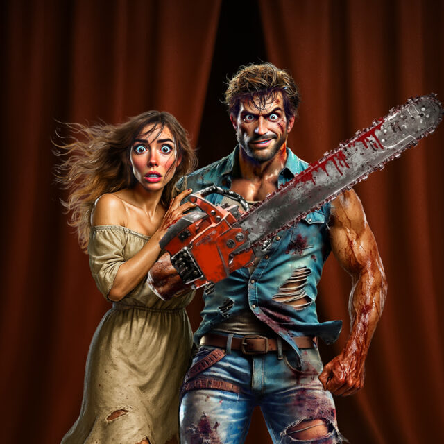 Man and a woman with bloodied and torn clothes holding a chainsaw
