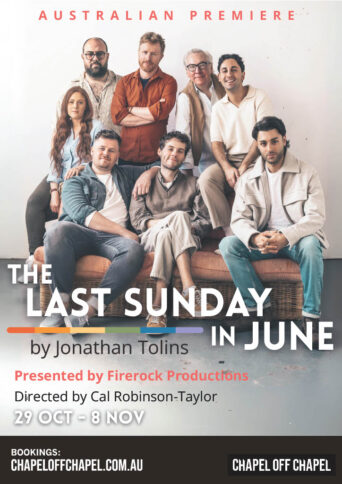Eight cast members of The Last Sunday in June siting on and behind a couch in casual clothes