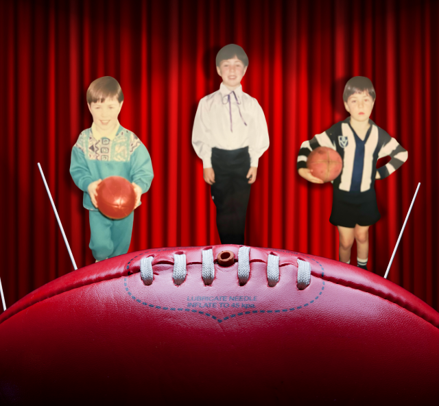 Image of a red Sheridan football with three cut out pictures of a very young boy