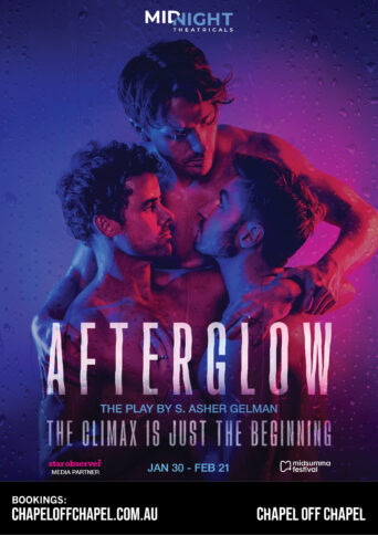 Three topless men embracing each other