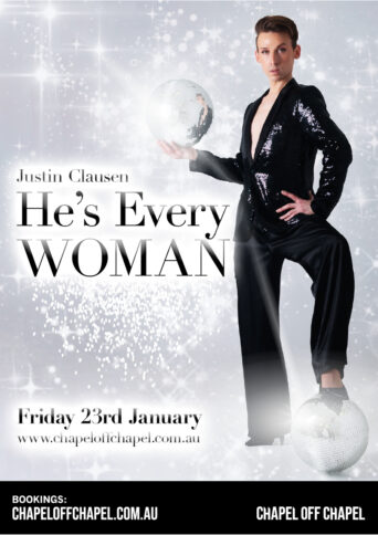 Artist Justin Clausen holding a small mirror ball up to his head and wearing a black sequined jacket