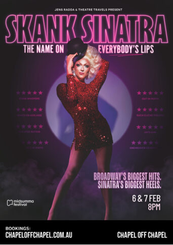 Artist Skank Sinatra in a blonde curly wig, holding a black hat and wearing a red short sequined skirt