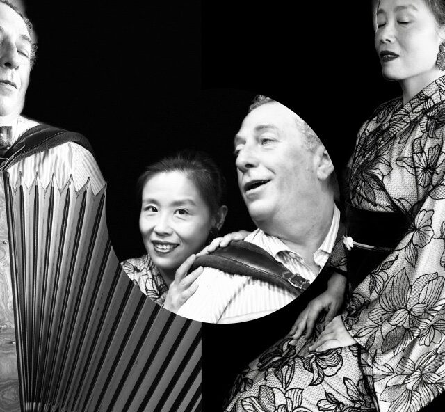 Black and white collage of artists Natsuko Mineghishi and Salvatore Greco