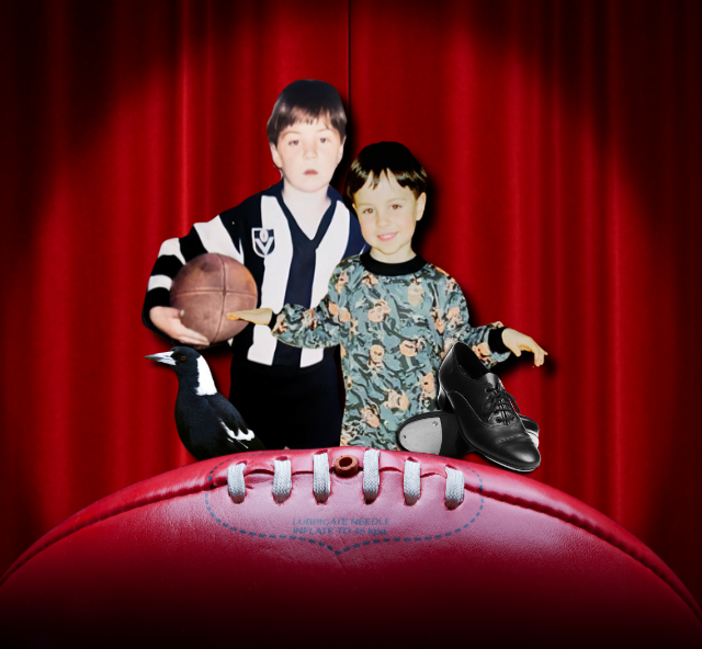 Image of a red Sheridan football with two cut out pictures of a very young boy