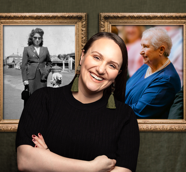 Waist up photo of artist Jaclyn DeVincentis wearing a black top with folded arms and smiling