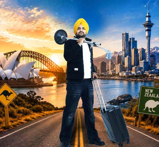 Comedian Jag Param standing in the middle of the road with a microphone over his shoulder