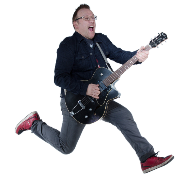 Artist Paul Colman playing the guitar and jumping into the air
