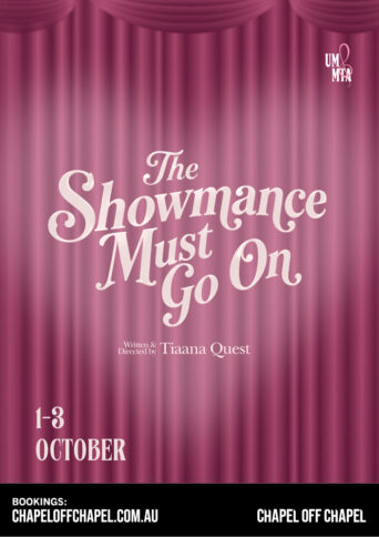 The title The Showmnace Must Go On written in large white text set against a background of draped pink theatre curtains.