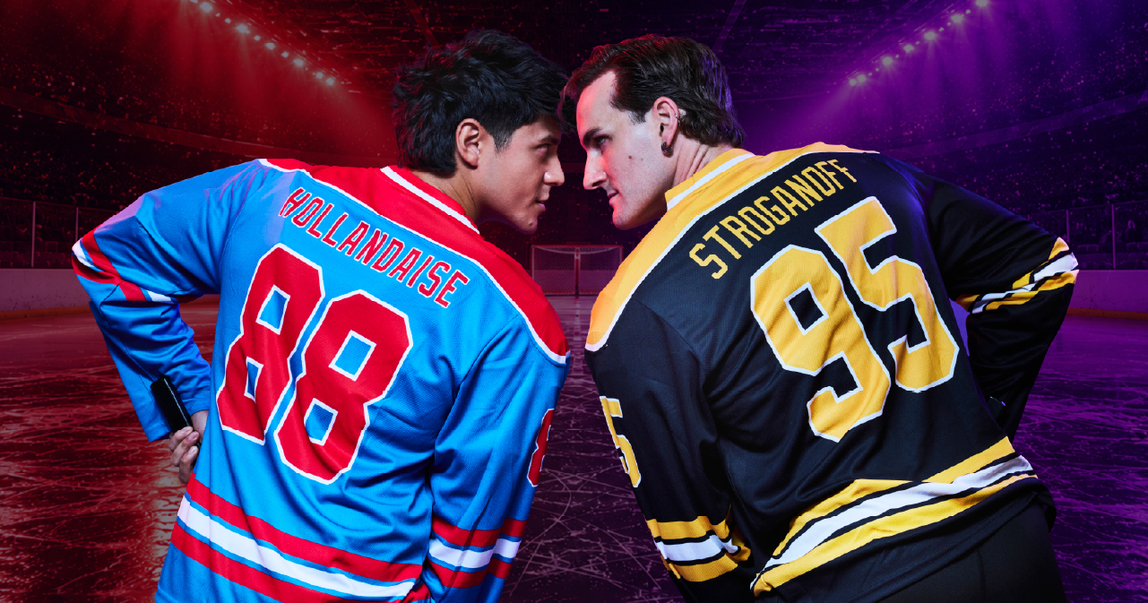Two hockey players face off in a dramatic, head-to-head pose against a vibrant, purple-lit arena background.