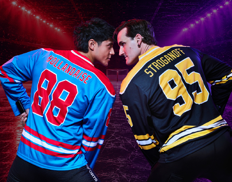 Two hockey players face off in a dramatic, head-to-head pose against a vibrant, purple-lit arena background.